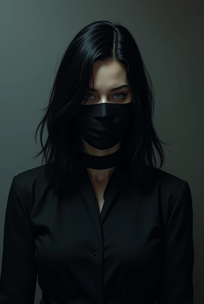 I want a female character with black hair, a tape that covers the eyes, a black mask that covers the mouth