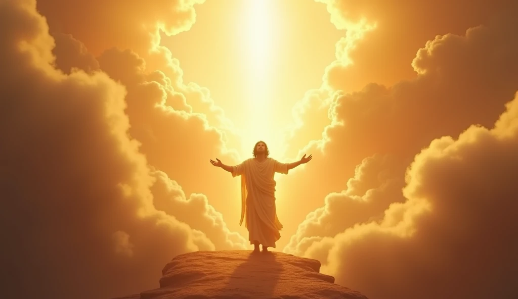 A heavenly scene where God blesses Samson, with golden light surrounding it. The background shows ethereal clouds, while Samson appears in a state of reverence. Warm colors dominate, conveying a feeling of hope and divine power.