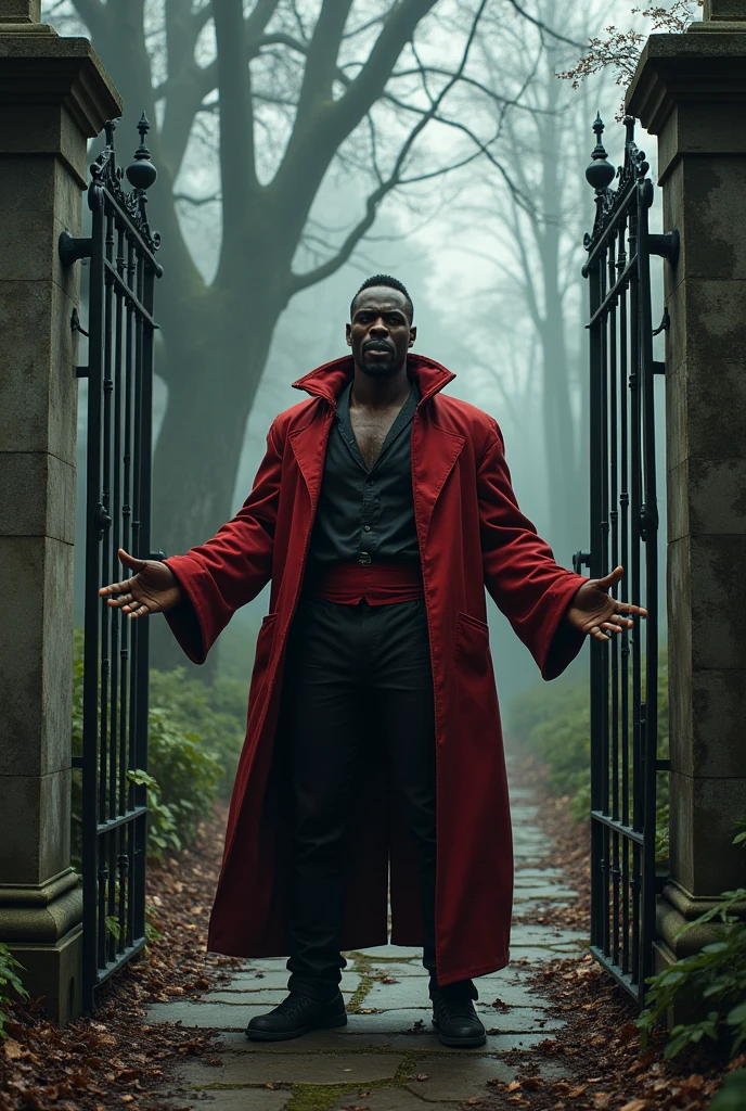 black male, sarcastic smile, open arms, dressed in red and black at the cemetery gate