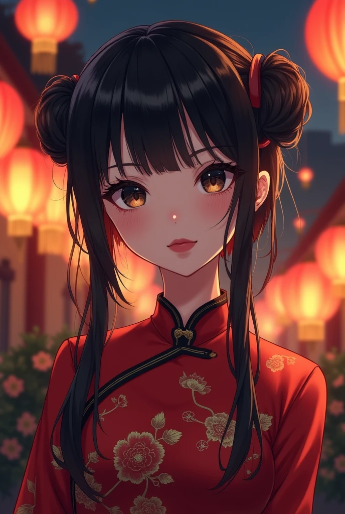 Anime girl with two dark brown cinnamon buns pigtails with straight bangs,black eyes, red chinese dress black painted lips, behind night landscape with Chinese lamps illuminating