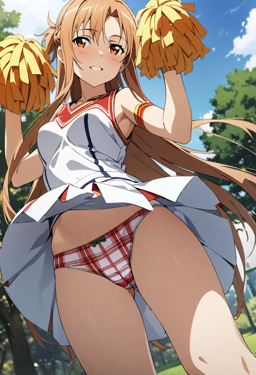1girl, asuna \(sao\), sword art online, ,looking away,from below,seductive smile,cheerleader,park,standing,leg up,upskirt,panty shot,cameltoe,plaid panties,masterpiece, best quality, absurdres,