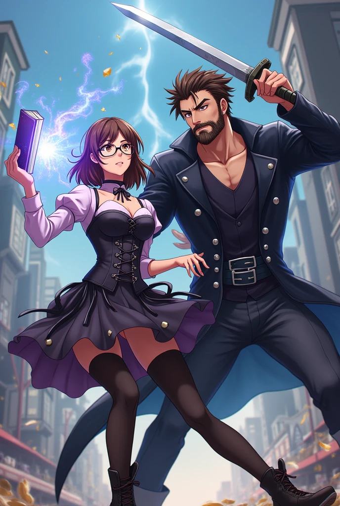 Caucasian female, アニメ, with brown hair and bangs, round glasses, Eye Brown, espartilho preto, Black Skirt, black boot, black stocking, holding a book and using magic next to a man, アニメ musculoso, bearded, short brown hair, Eye Brown e sobretudo preto, with a sword fighting people
