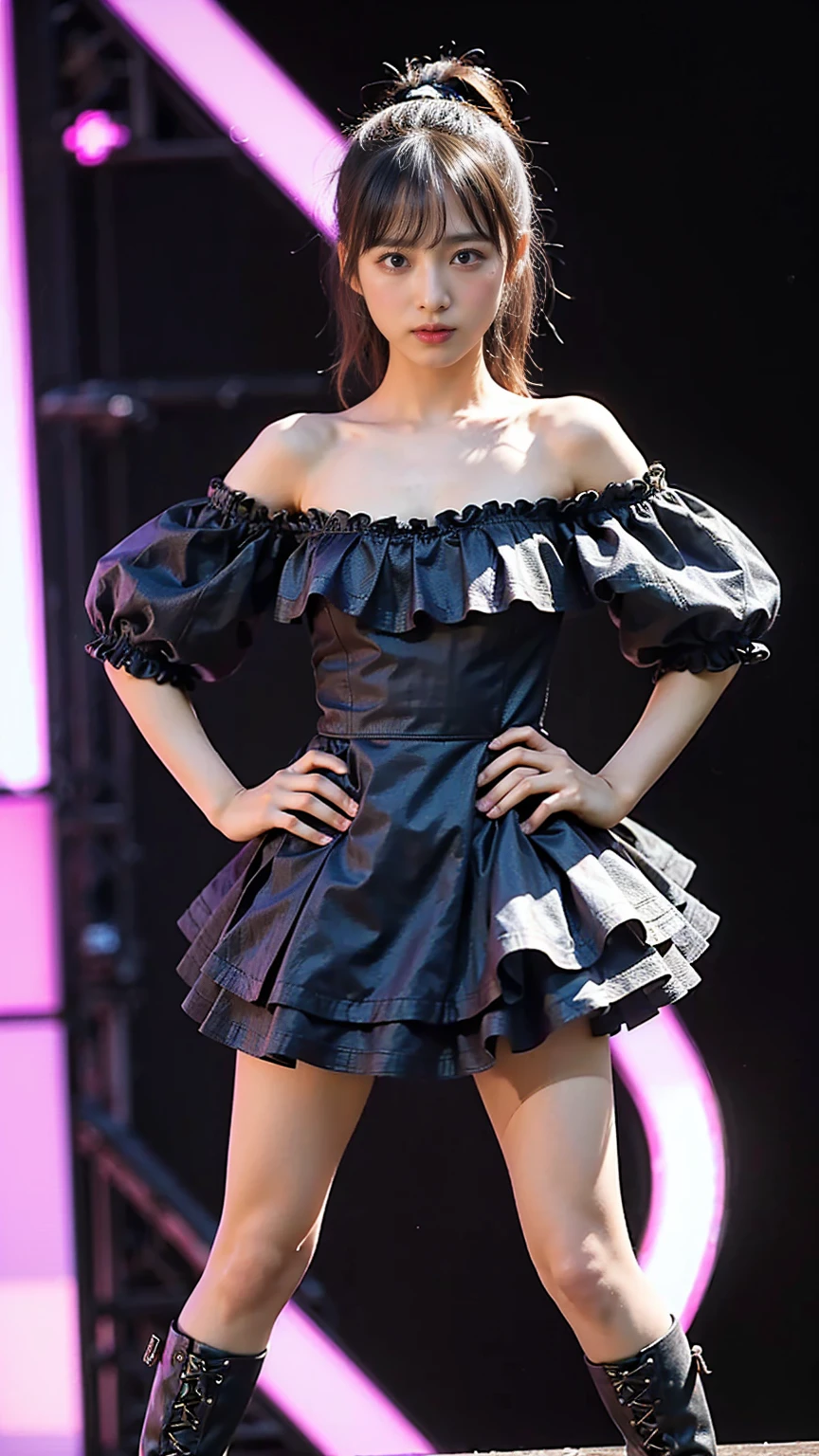 (8K、RAW Photos、Highest quality、masterpiece:1.2)、(Realistic、Photorealistic)、1 Girl、((stage、Spotlight、Black shorts、boots、Off the shoulder、Frills、ribbon、Big Breasts、Look forward、Standing with hands on hips))、