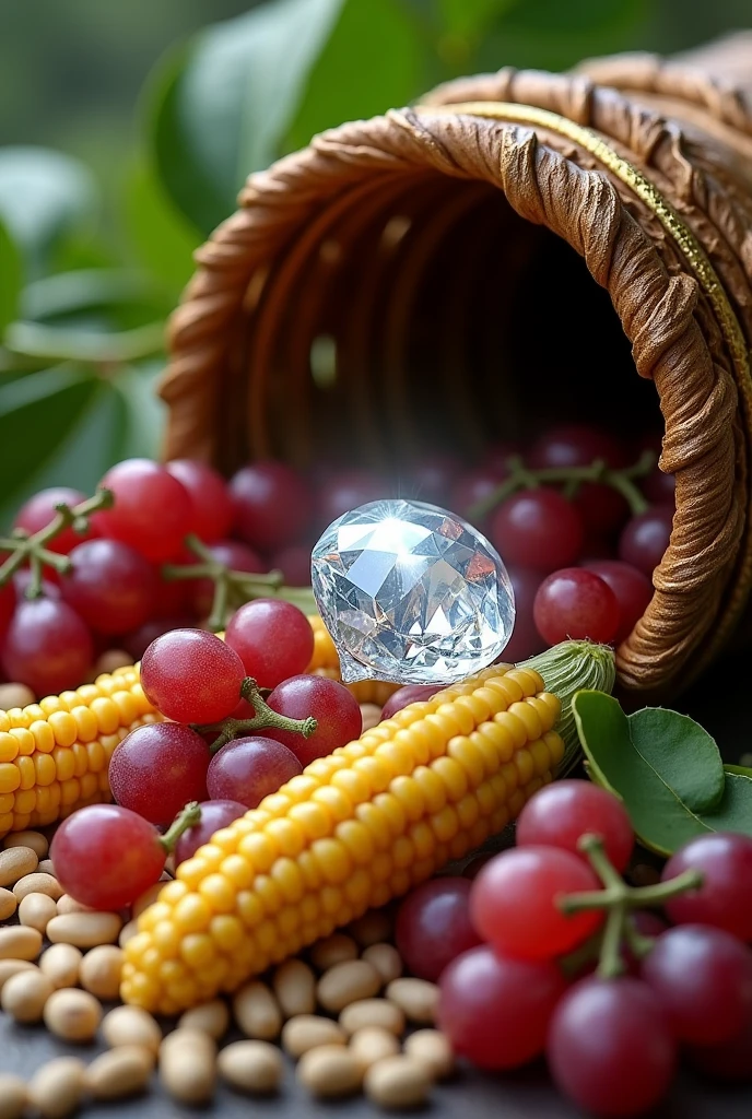 Cornucopia with diamond, grape seeds, corn, soybeans and beans 