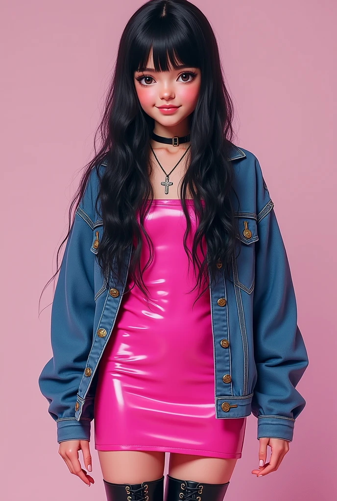 a 13 year old girl with black hair and bangs and a pink latex dress with a denim jacket and thigh high stockings with black combat boots 