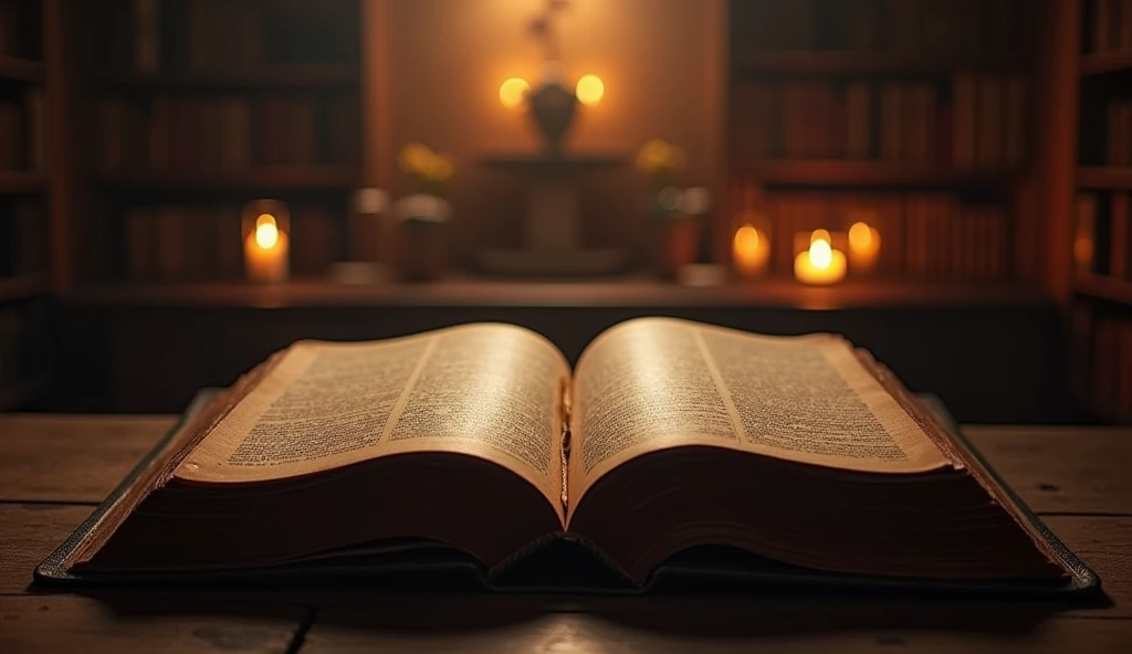 "Por favor, create a high-definition image of the Holy Bible that captures the reverence and spiritual significance of this holy book. The image must convey the historical and religious importance of the Bible, presenting it in a dignified and respectful way. Use soft lighting to highlight cover and page details, emphasizing its texture and aging, if applicable. Position the Bible in a setting that evokes a sacred environment, like a wooden shelf in an old library or a lighted altar. Colors should be subtle and typography, if present, must be elegant and discreet. The image should inspire a sense of reverence and spiritual connection to the words and teachings contained in the Holy Bible."