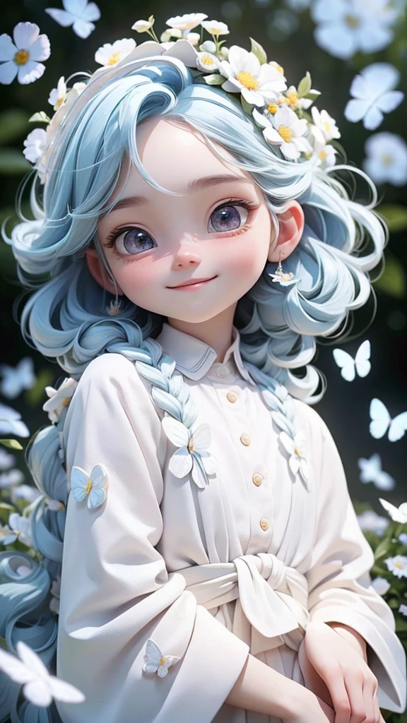young boy with white clothes, very very short wavy blue hair, light blue hair, cute, cute smile, adorable, crown of flowers on head, butterflies, field of flowers, natural light, detailed face, beautiful eyes, delicate features, soft colors, serene atmosphere, high quality, detailed, photorealistic, photo-realistic:1. 37, 4k, ultra-detailed, extremely detailed, hyperrealistic, highly detailed, masterpiece:1.2, vibrant colors, natural lighting, cinematic, dramatic, fantastic, magical, surreal