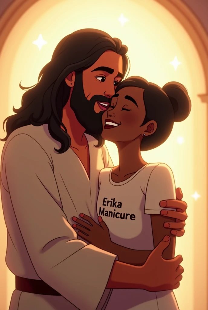 Animation of happy Jesus hugging a black woman with short straight black hair wearing a t-shirt with Erika manicure written on it 