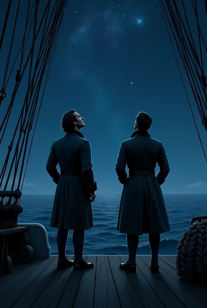two men, from 1812, standing with their backs turned on the deck of a ship looking at the stars