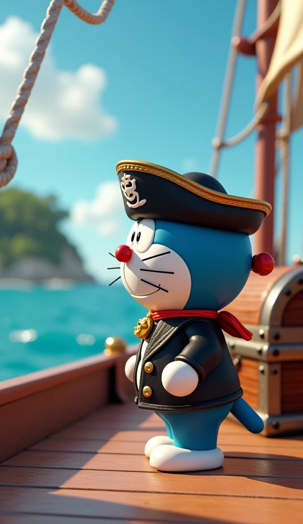 Doraemon in black hat pirate costume, black and red suit. Standing on the boat with the treasure chest looking at the island. 3d remote view
