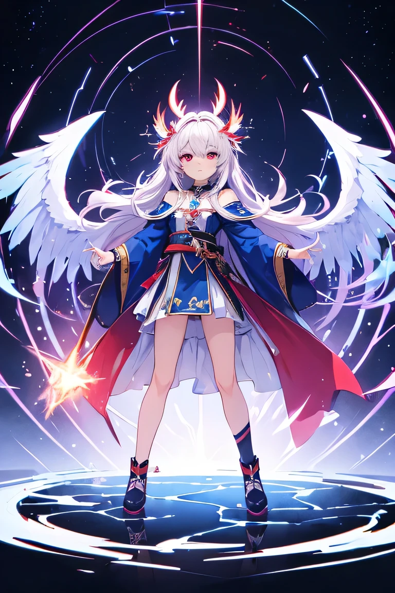 (Flat Color:1.3),(colorful:1.3),(masterpiece:1.2), Highest quality, original, Very detailed wallpaper, View your viewers, Full body shot of a girl with thunder, Wearing a long blue robe, Very detailed, Very detailed, Red eyes, Electrical, Red Moon, Rays of sparkling light, Cinema Lighting, mat, stone, Milky Quartz, Please light it up, jewelry, silk, feather, Splash, fog, Electrical, Electricality, spark, Lens flare, Rim Light, Backlight, bracelet, chromatic aberration, RTTX 10.0, Post-processing