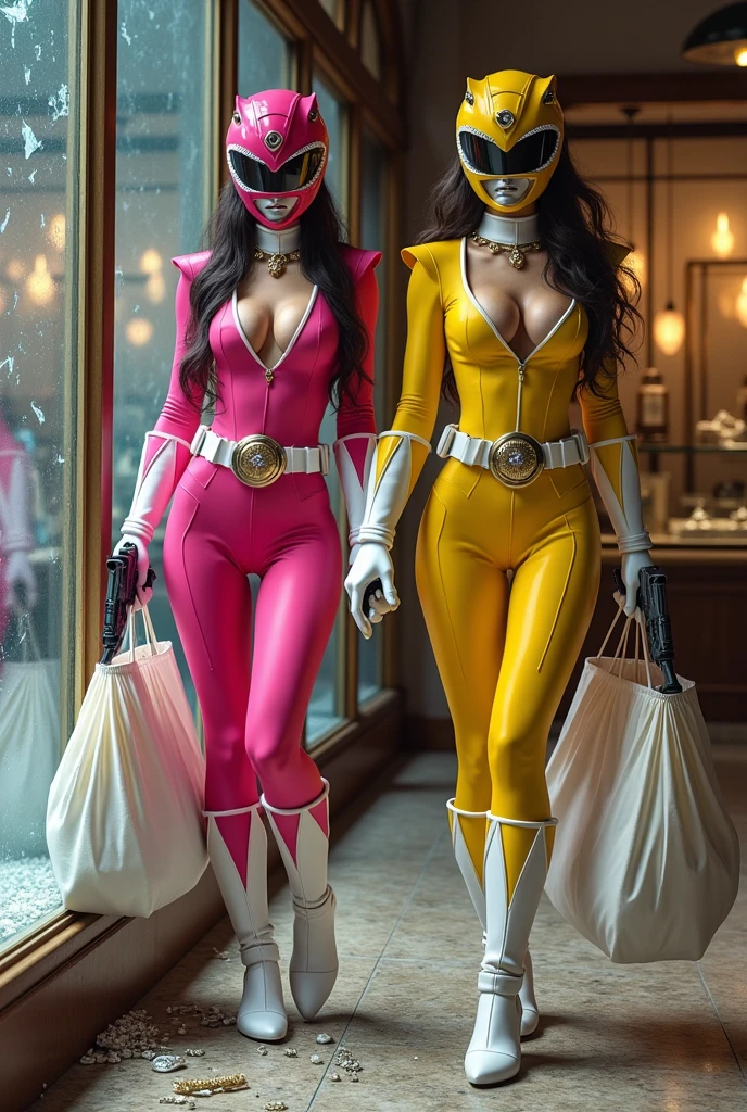 2 women wearing sexy pink and yellow power ranger outfits with helmets and white gloves who are holding up a jewelry store, they take the window to collect the jewelry with bags to hold up the cash register with guns