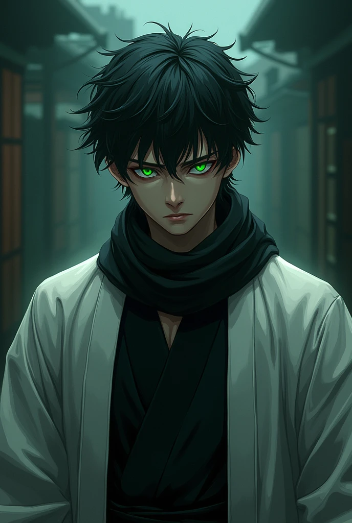 tasiho period Japanese man, dark aesthetic, moody, eerie, aura, menacing, intimidating, overwhelming presence, spiritual pressure, cool guy, stern look, short curly black hair,  four green eyes, black scarf, white haori, black undershirt
