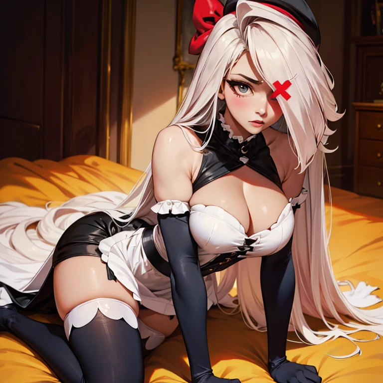 on fours, back view, sex, sensual poses, hot poses(masterpiece, best quality:1.4), absurdres, highres, ultra detailed, beautiful, (maid), (perfect face, detailed face, beautiful:1.3),(natural breasts, cleavage), collarbone, fingerless gloves, gloves,spaghetti strap top, black pencil skirt, tight, over the knee skirt, hat, elegant maid outfit, thighhighs, thick thighs, thighs, multiple belts, More detailed 8K.motor irreal:1.4,UHD,La mejor calidad:1.4, fotorrealista:1.4, textura de la piel:1.4, obra maestra:1.8,obra-prima, mejor calidad,objeto Objeto], (detailed face features:1.3),(manos detailed)