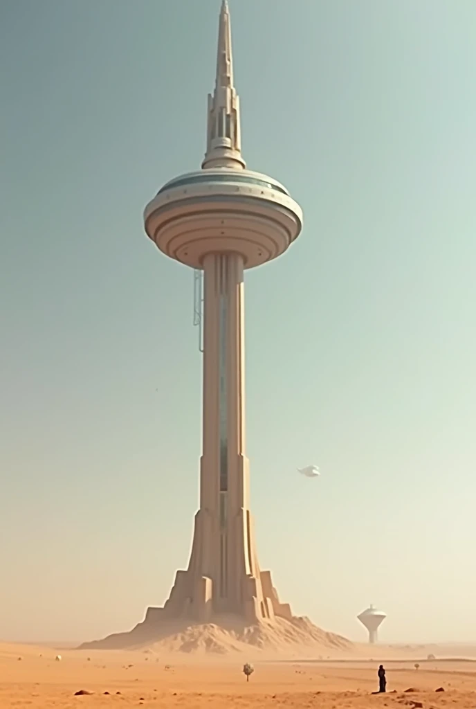 A building so tall it reaches into space! but it is very thin with a huge cabin, very huge, round on top in the middle of a desert