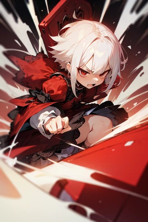 Short white hair, blush, Lace dress、Punk Fashion、Headbang 2.、Red clothes、(Angry face)、T-Hammer