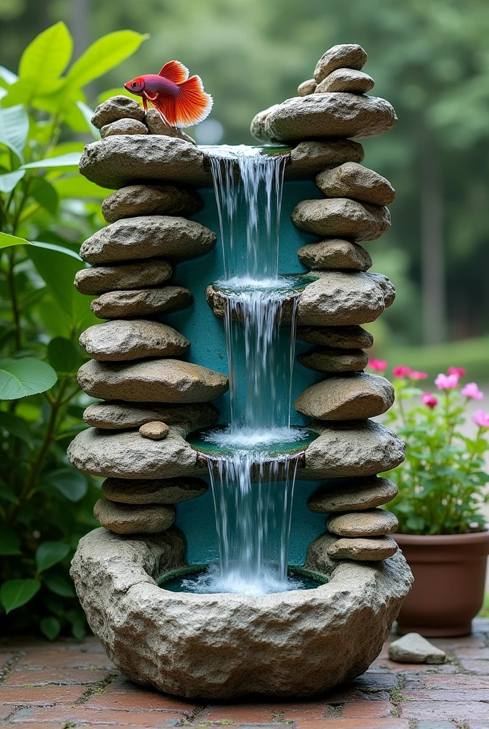 two-meter-high ornamental waterfall made with natural stones and with betta fish aquariums embedded in the stones