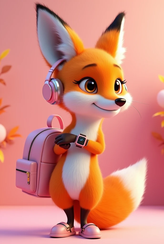 Create a 3D Disney Pixar style fox named Chic Fox. She must exude a modern personality, elegant and captivating, perfect for a section dedicated to accessories and fashion.
colors: Vibrant shades of orange and white, with pink details and accessories to maintain cohesion with the other mascots.
Accessories:
Headphone Type Earphone: A pair of modern headphones with pink ear pads and frames, resting casually on the fox's shoulders. Design may include metallic finishes or subtle patterns.
Modern Backpack: A stylish backpack in pink, with lighter pink or metallic details. May have elements such as shiny zippers, patches ou estampas fashion.
smartwatch: A modern smartwatch with a pink strap, visible on the fox's wrist, adding a touch of sophistication to the look.
vestimentas: A basic pink shirt, Woman's style, that complements the look in an elegant and modern way.
Expressions: Confident smile and bright brown eyes, with an expression that conveys style and sophistication.
Activities and Poses:
Headphones over the Shoulders: The fox has the headphones resting on its shoulders, perhaps adjusting or fiddling with the controls, conveying a sense of casualness and style.
Modelando a Mochila e smartwatch: Showing off the trendy backpack and smartwatch with the pink shirt, showing how accessories match.
Style Tips: Pointing to a board with tips on how to choose and use accessories, how to combine headphones, backpacks and smartwatches for a modern look.
Interactivity on the Website:
Hover animations: Animated movements like adjusting the headphones over the shoulders, show the smartwatch in operation, or interact with the backpack.
Fashion Messages: Friendly messages with tips on accessories, fashion trends and how to complement your look with style.