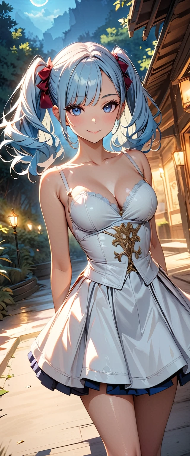 (Highest quality:1.2, Attention to detail, masterpiece:1.2, Best aesthetics), (1 person), Cowboy Shot, (Light blue hair, Twin tails, Asymmetrical bangs, Bright Blue Eyes), 美しいAttention to detail目, Beautiful lip detail, Highly detailed face, Detailed Fashion, elegant, luxury, High quality fabric, Shine, Shine, smile, Random Pause, Dutch Angle, wilderness, night, Dramatic lighting, Cinematic, Bright colors, Intricate details, Chiaroscuro lighting, White Birdcage Skirt, White Bustier Corset, White Goth, White High Heels,