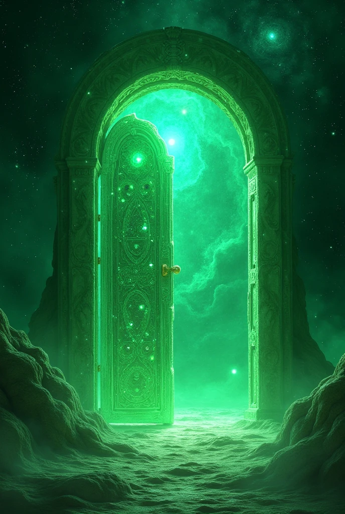 Create a green image of an open door in the green star galaxy