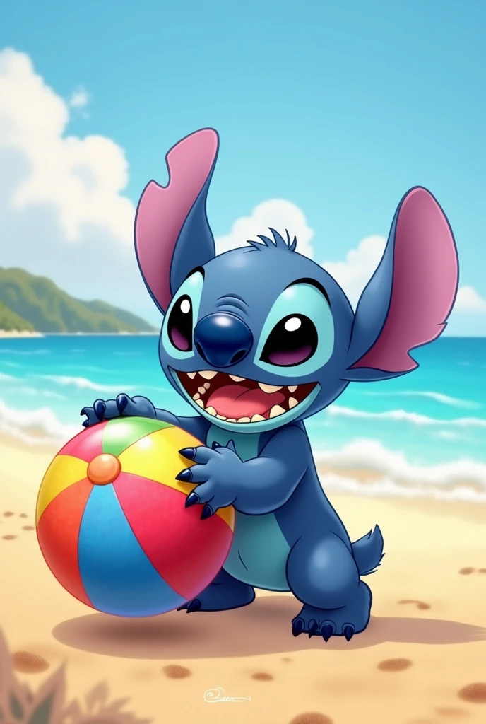 Stitch on the beach with a beach ball