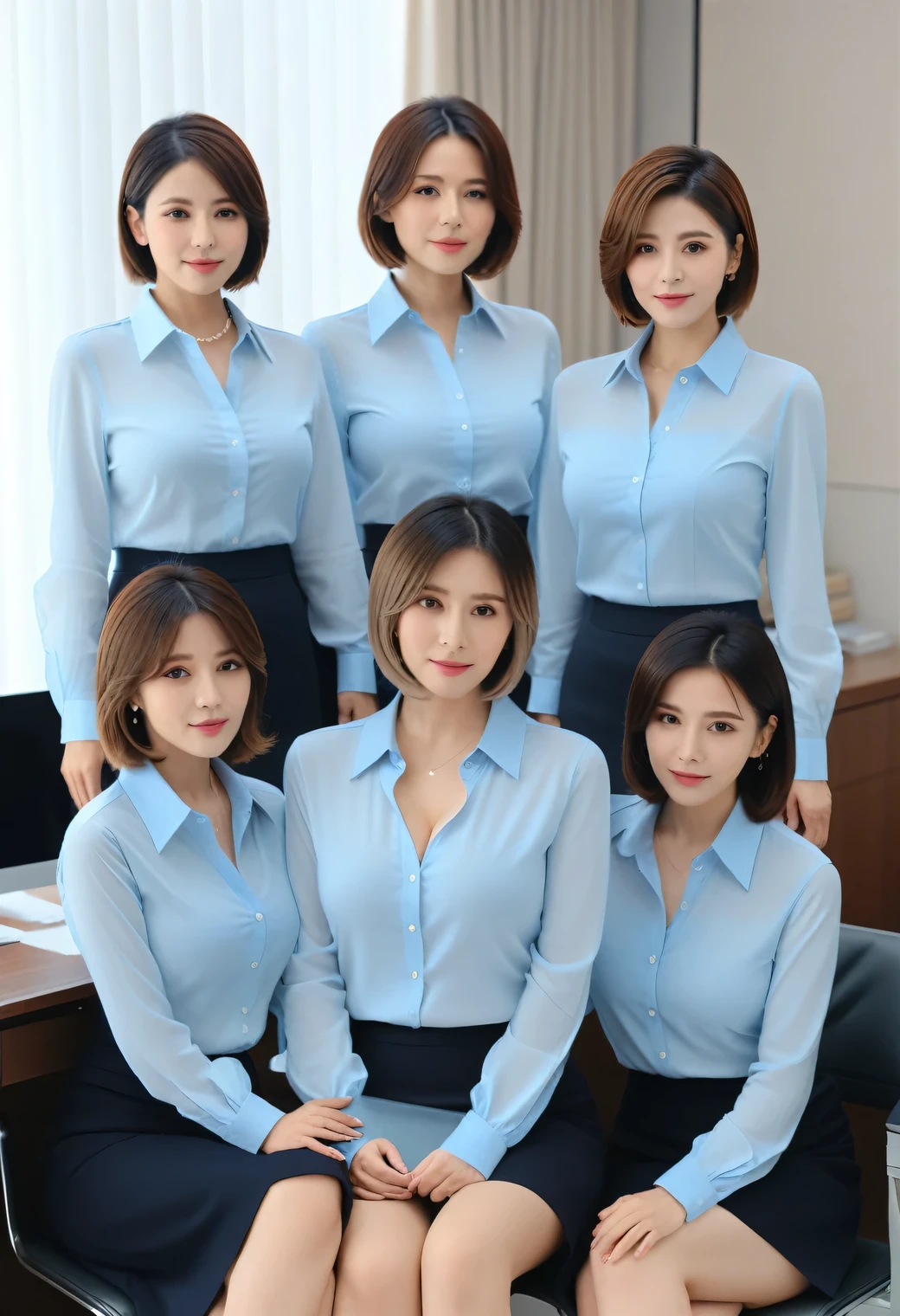 Highest quality、masterpiece、Group photo、(Light blue blouse), Large Breasts, ((Layered Haircut)),(8k,Highest quality),Full Body Shot,Shot from medium distances,office,secretary,President's office,Full body photo、 Adorable, smile, length, Brown Hair, 32K, masterpiece, Best image quality,Ultra-high resolution,Perfect hands,Black choker、blue eyes、bangs、Very lush and long eyelashes、 conference room、Summer clothes、((Big Breasts))