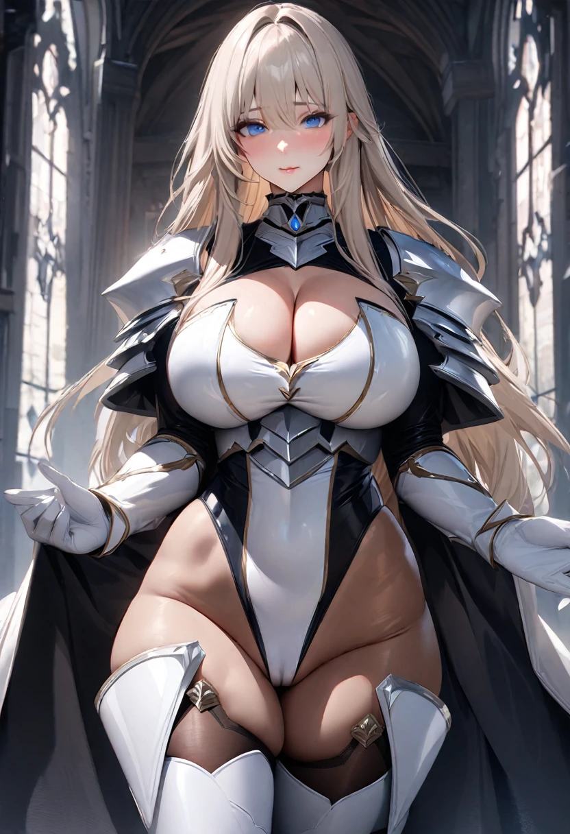 ((UHD)), ((masterpiece)), ((hyperrealistic)), anatomically correct, accurate, high quality, extremely detailed,(solo), 1girl, ((curvy)), ((skindantation: 1.2)), perfect face, ((azur lane)), ((white armored dress: 1.3)), ((white paladin armor)), ((skin-tight black latex leotard)), (ultra high leg cut: 1.2), ((white knight armor breastplate)), ((skin-tight black Investigator Bodystocking)), ((pauldron)), (white long gauntlet gloves), ((Platinum Blonde long straight hair)), ((Compressed soft large breasts)), (tight black pantyhose thighs), ((tight thigh boots)), ((cleavage)), zettairyouiki, Perfect and beautiful blue eyes, Perfect hands, perfect fingers, (makeup: 0.8), (cameltoe: 0.9), cowboy shot, A castle town in a fantasy world