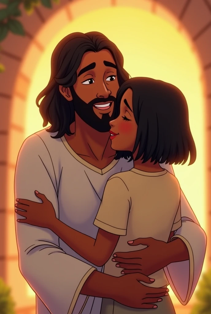 Animation of happy Jesus hugging a black woman with short straight black loose hair with a t-shirt with Erika manicure written on it
