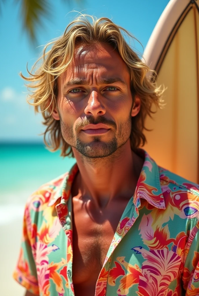 a man with slightly sunburned skin,
eyes browns, Burnt blonde hair, outgoing, wearing a flamingo shirt and holding a surfboard