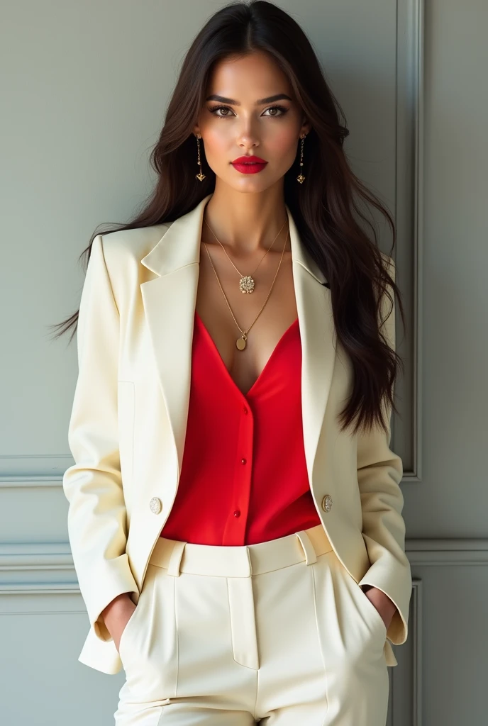 Woman , long straight hair in dark brown color, brown eyes and fair skin. Wear bright red lipstick, with the background of a light gray wall and she is wearing an off-white blazer closed with buttons and a closed red blouse and off-white dress pants. She is wearing a gold necklace and earrings.