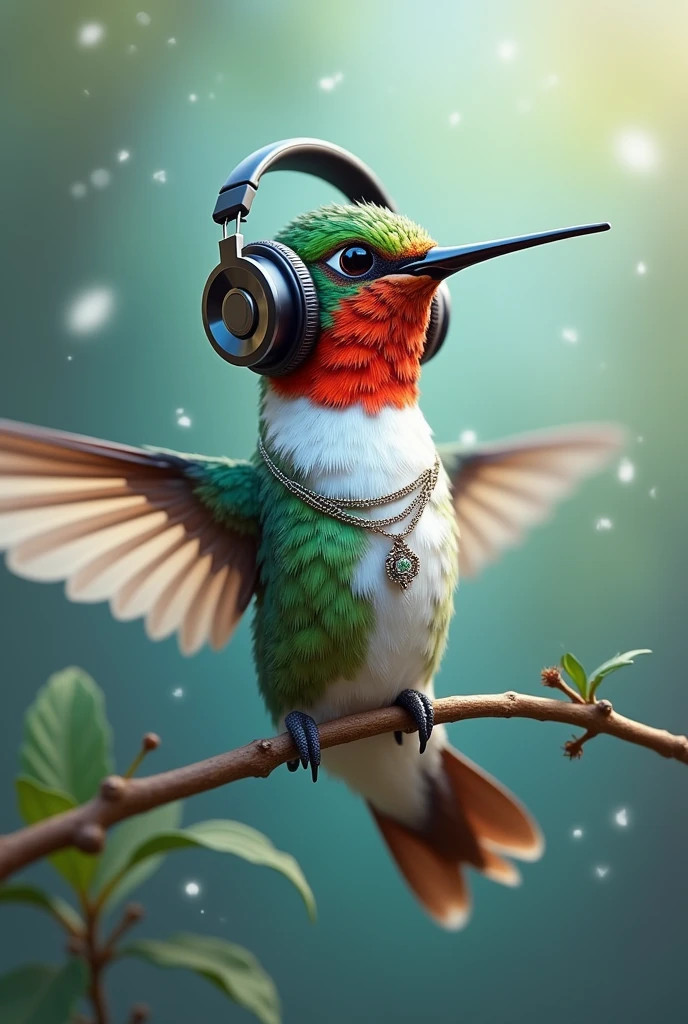 hummingbird with headphones, and a necklace