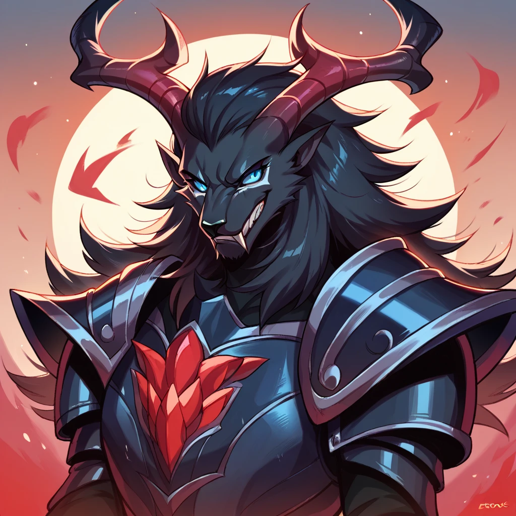 etheross, score_9, score_8_up, score_7_up, score_6_up, Evil Elk with ebony black fur and electric blue eyes in demonic armor 
