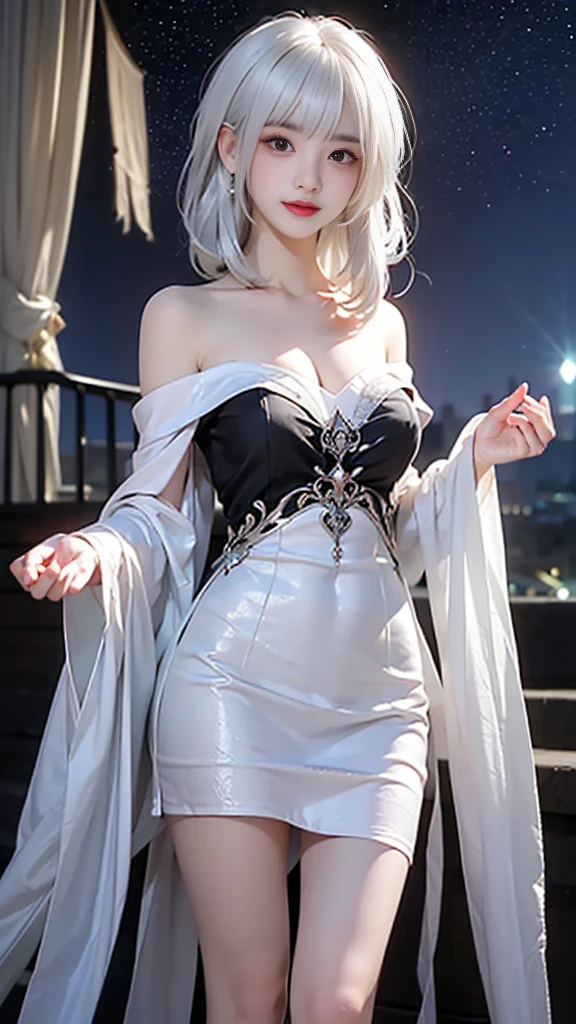 ((((From this knee up)), Night view, Stella, (((masterpiece:1.5, detailed:1.4)), top view, Backlight, A fantastic atmosphere envelopes this ancient city as this sun sets。At this center of this magical moment is a woman、(White-haired girl:1.5)and、Her beautiful hair、(Backlight)闪闪发光的White瀑布从下方流淌而下.。Exudes mysterious charm、Suspended particles bloom in this surrounding air、Her beauty、(Beautiful white and shining skin:1.3)Exuding a mysterious light。this((A dress as black as this night sky))It is beautiful and decorated、The off-shoulder design makes the overall look more feminine., Large target , White