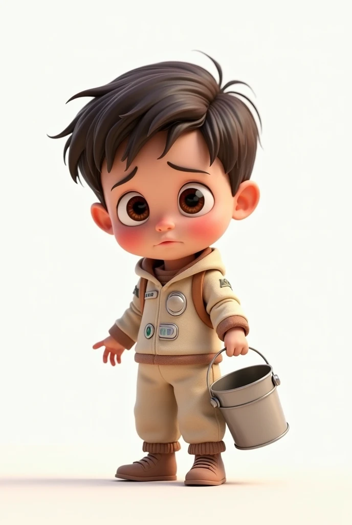 a sad one with short hair, dark brown hair color, wearing a space costume, holding an empty bucket , white background, the child, tom, Pixar-style, 3d, Cartoon s, face detailed, asymmetric 16k
