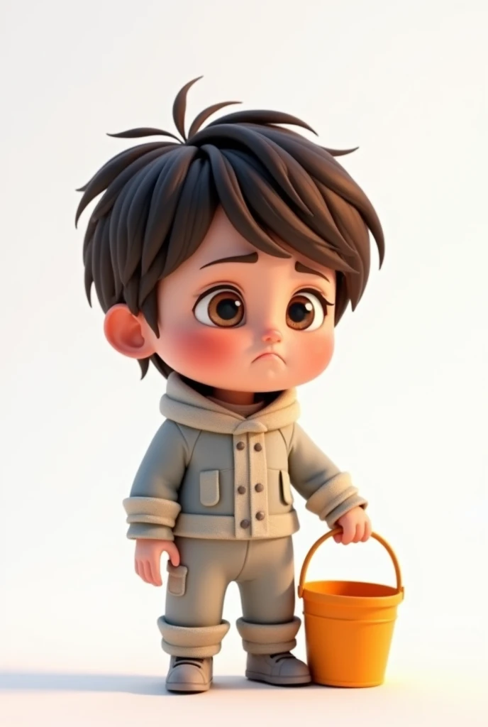a sad one with short hair, dark brown hair color, wearing a space costume, holding an empty bucket , white background, the child, tom, Pixar-style, 3d, Cartoon s, face detailed, asymmetric 16k