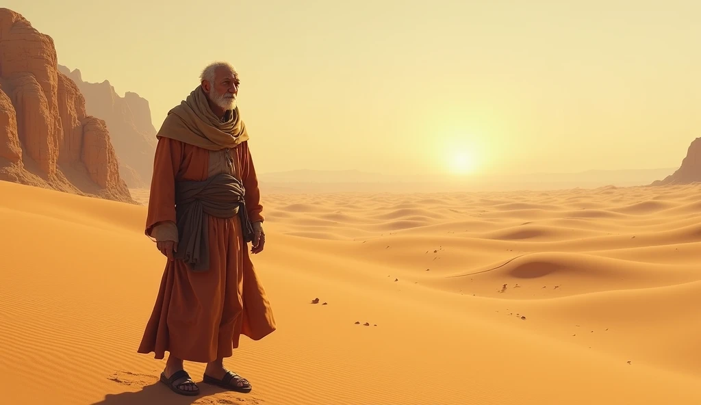 old man in ancient clothes walking through the desert