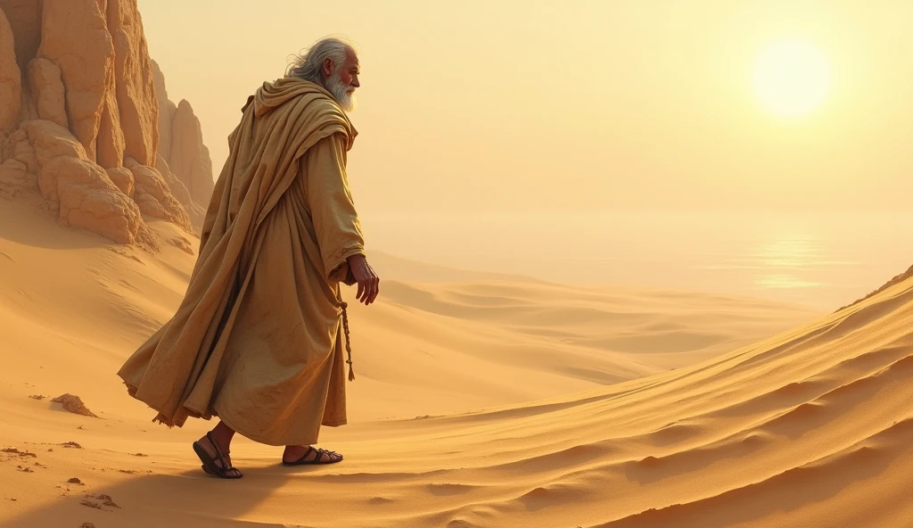 old man in ancient clothes walking through the desert