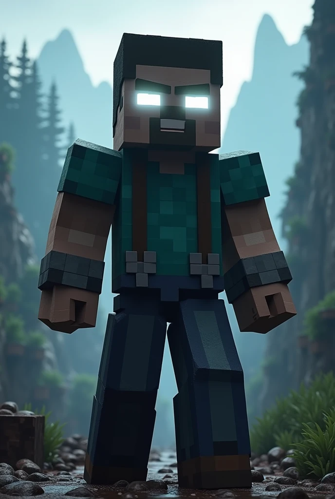 Steve from Minecraft game glowing white eyes badass 