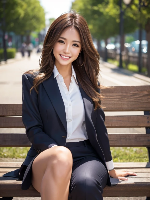 Tabletop, Highest quality, Realistic, Very detailed, finely, High resolution, 8k wallpaper, 1. Beautiful woman,, Light brown messy hair, Wear a business suit, Short Harp Focus, Perfect dynamic composition, finelyて美しい目, Thin Hair, Detailed and Realistic skin texture, smile,  Model body type、Beautiful legs、Park bench、smile、