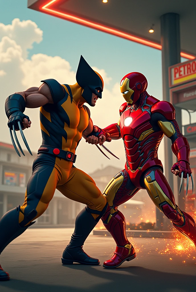 Wolverine & Iron Man are fighting in front of the Gas Station Petron 
