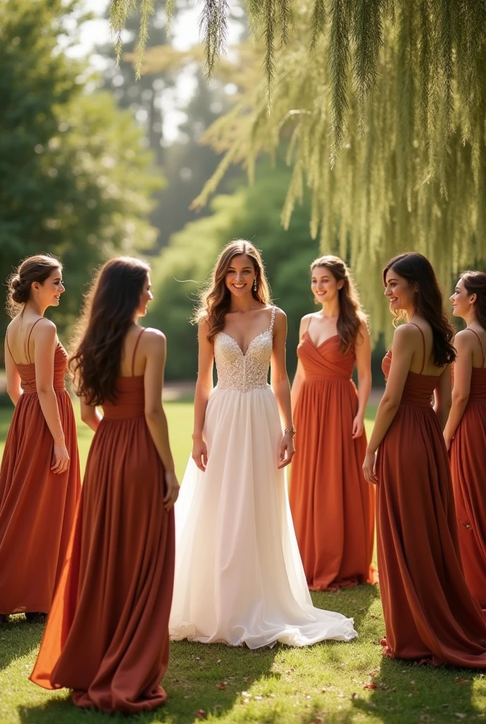 6 bridesmaids in terracotta colored dresses and the bride in the middle 