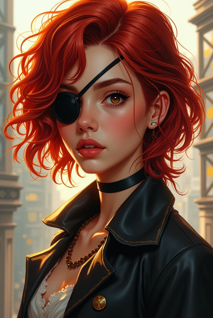 Character in a fanart style. Red-haired person with unisex features, short curly hair in mullet cut, with an eye patch covering one of the caramel brown eyes. brown skin color. Roupa no estilo de Jack Sparrow
