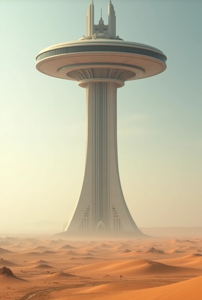 A building so tall it reaches into space and is taller than the tallest building in the world! but it is very thin with a huge cabin, very huge, round on top in the middle of a desert