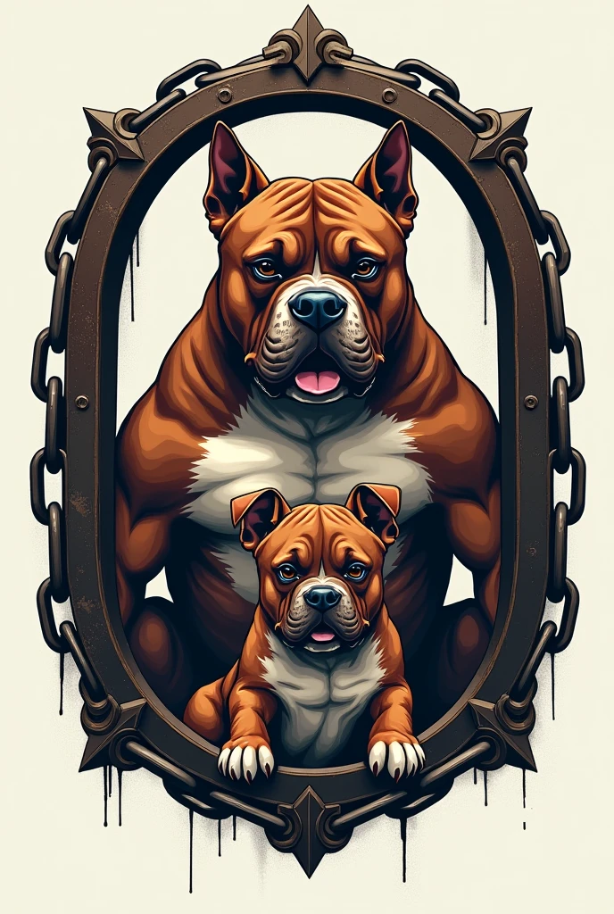 Create a logo with an image inside a hollow frame of an adult American Bully and a puppy with chains and the phrase CANIL KYRUS written on it.