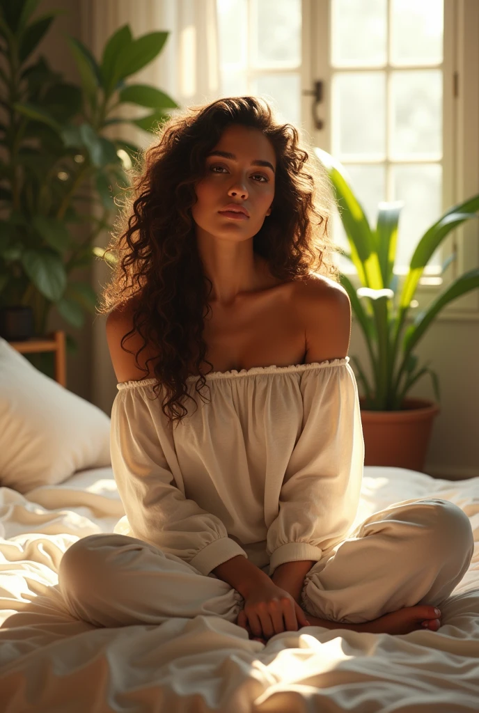 (photorealism:1.2), beautiful woman, sitting on bed, wearing loose off-shoulder top, pajama pants, long curly hair, indoors, soft lighting, plants in background, window with sunlight, cozy room, relaxed pose, realistic, intricate details, warm colors, by Greg Rutkowski, by Alphonse Mucha