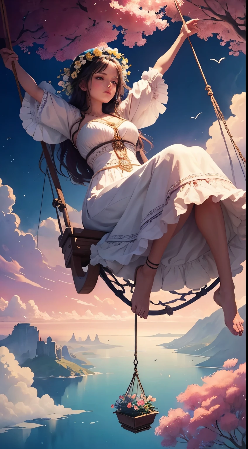 Creates a mesmerizing scene with a woman resting on a swing made of fine flowers, Delicately suspended from ornate ropes decorated with minute flowers. Women live in a mythical world of dreams. Includes floating islands and intricate watercolor skies. The woman's face radiates peace and happiness as she floats in the air in zero gravity。. The surroundings are filled with fluffy clouds., Waterfall cascading from a floating island, Vibrant, Surreal environment in beautiful pink hues, purple, Blue and. The atmosphere is mysterious and tranquil. ((Use different shades of pink in the details and background of your artwork.)) This scene is depicted in anime-style illustrations., With soft lines, pastel colour, And a whimsical touch. This work、It expresses the mysterious beauty and tranquility of a dreamlike world.。, Create a sense of harmony、Escape from the everyday world.