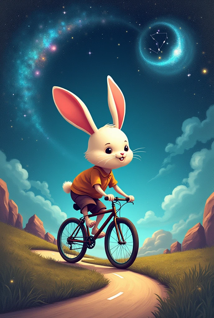 A hop riding a fixie bike on a winding road,cartoon type but not so much, with galactic background, with the constellation Leo somewhere and that looks like it was painted in acrylics