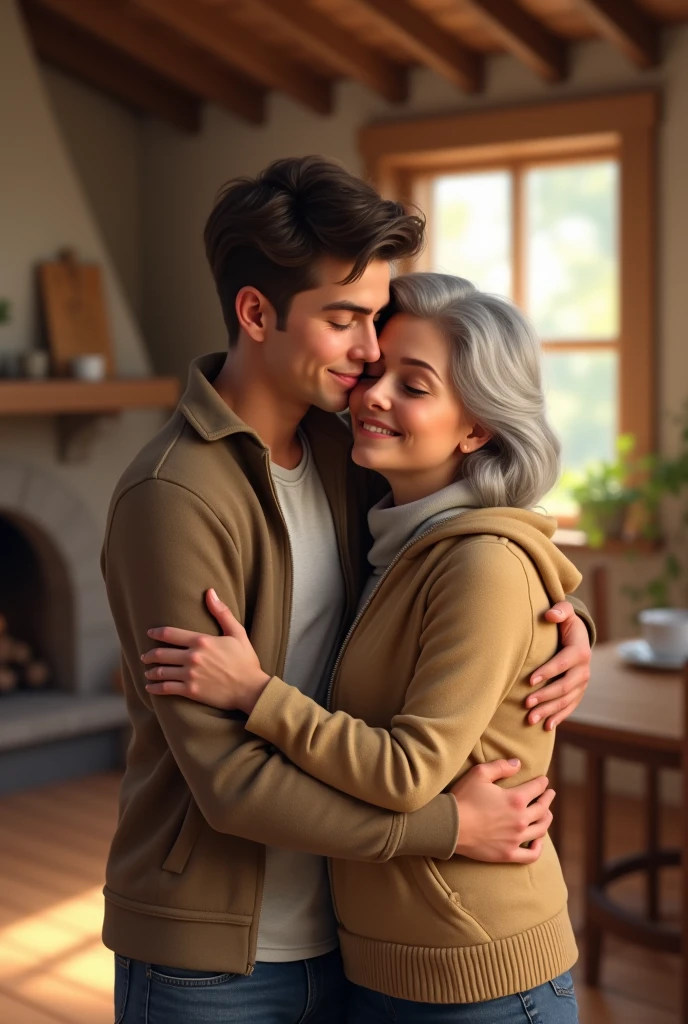 Create the image of a young man hugging his mother in a country house