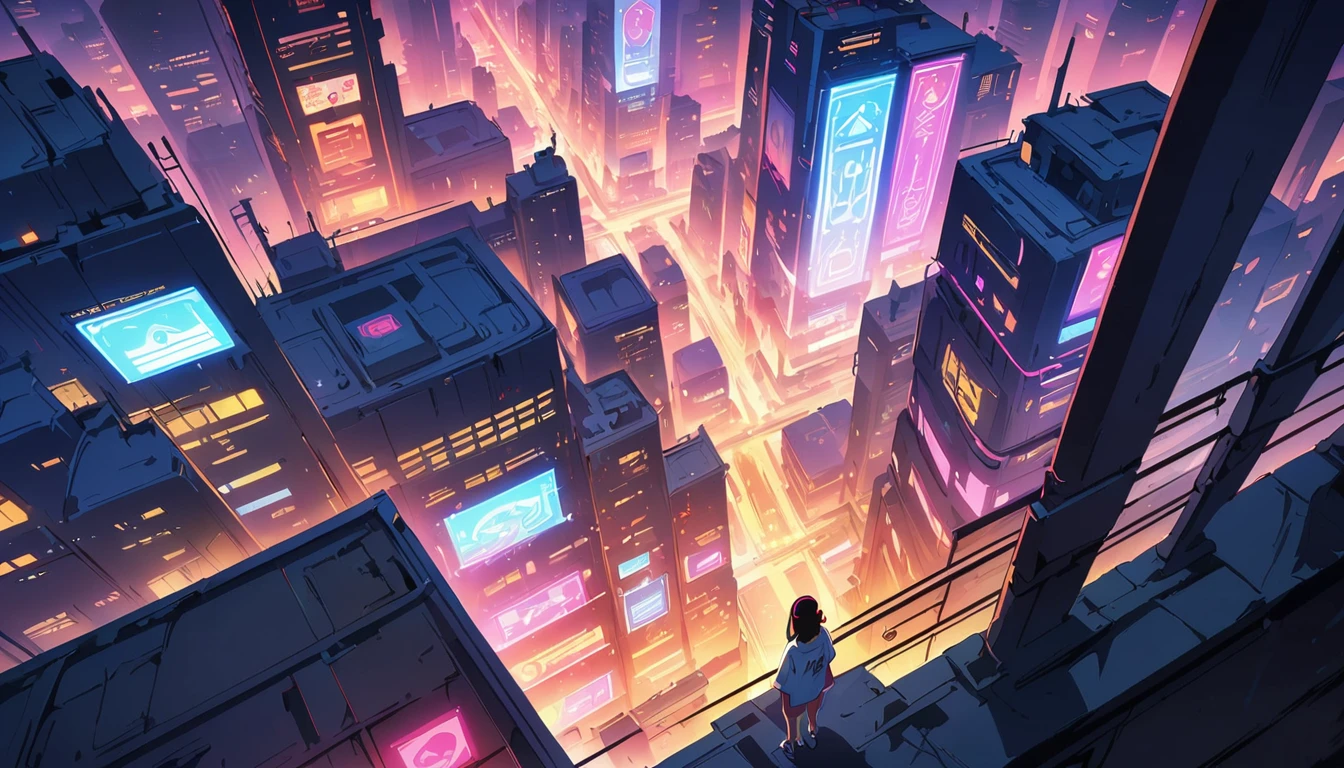(masterpiece, Highest quality:1.2), (Anime artwork, Anime Style, Studio Anime, Very detailed, Latest, Vibrant, Anime Coloring, High Contrast, masterpiece:1.2, Highest quality, Best aesthetics), ((View from the roof of the building:1.2, A woman stands on the rooftop, overlook, A view so beautiful it makes your legs tremble)), Cyber City, ((Digital Cyberpunk - Anime Art)), Shortcuts, Eyes of determination,((Oversized T-shirt))Headphones