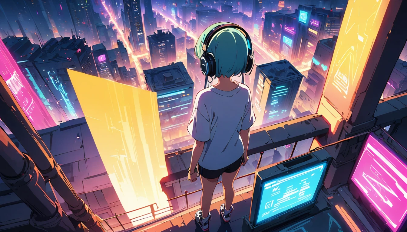 (masterpiece, Highest quality:1.2), (Anime artwork, Anime Style, Studio Anime, Very detailed, Latest, Vibrant, Anime Coloring, High Contrast, masterpiece:1.2, Highest quality, Best aesthetics), ((View from the roof of the building:1.2, A woman stands on the rooftop, overlook, A view so beautiful it makes your legs tremble)), Cyber City, ((Digital Cyberpunk - Anime Art)), Shortcuts, Eyes of determination,((Oversized T-shirt))Headphones